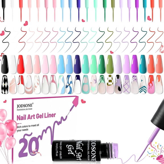 JODSONE 20 Colors Nail Art Gel Liner Set, 5ml Each, Classic & Bright UV/LED Gel Polish with Built‑In Thin Brushes for French Tips, Swirls & Fine Lines