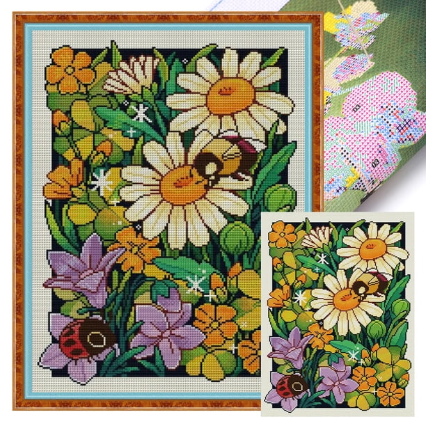 Hilo Algodón Bordado 14CT Flores Primavera Punto Cruz 35x47cm