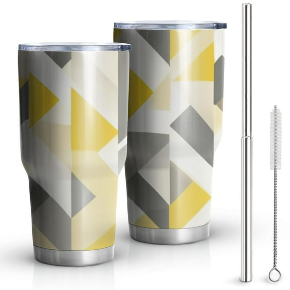 30oz Yellow and Gray Modern Art Geometric Tumblers Stainless Steel Tumbler with Lid and Straw,Vacuum Insulated Double Wall Travel Tumbler Cups Mug with Cleaning Brush for Coffee,Tea