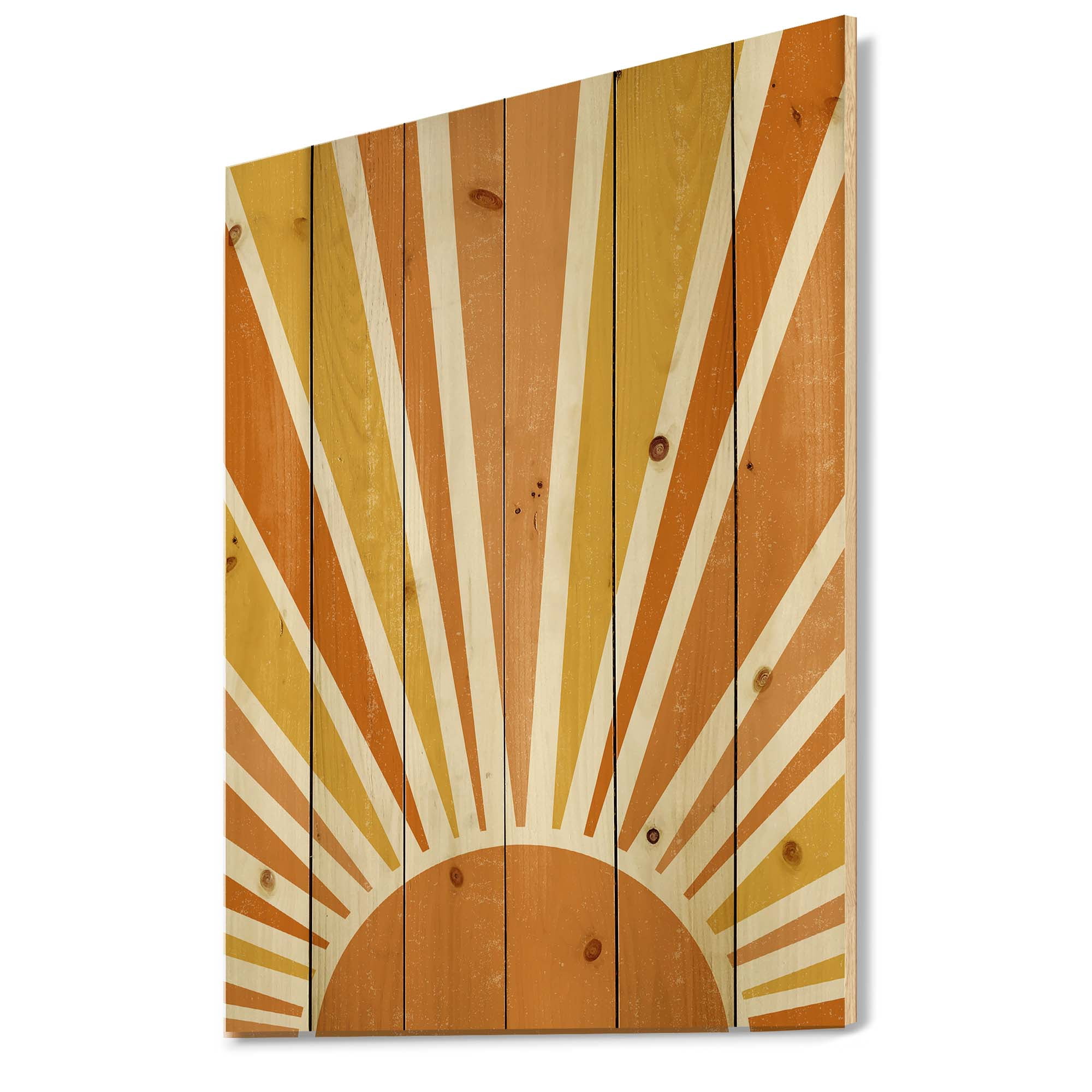 Designart 'Minimal Bright Shining Orange Sun Rays II' Modern Print on Natural Pine Wood