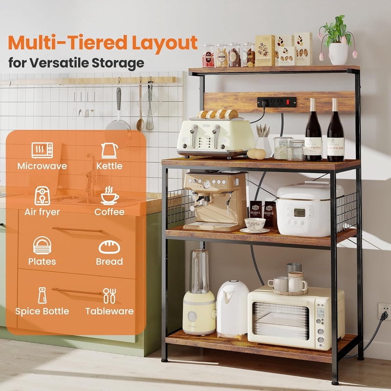Simenmax 31.5" Kitchen Bakers Rack with Power Outlet, 4-Tier Adjustable Microwave Stand, Coffee Bar Station, Brown Storage Shelf Appliance Organizer