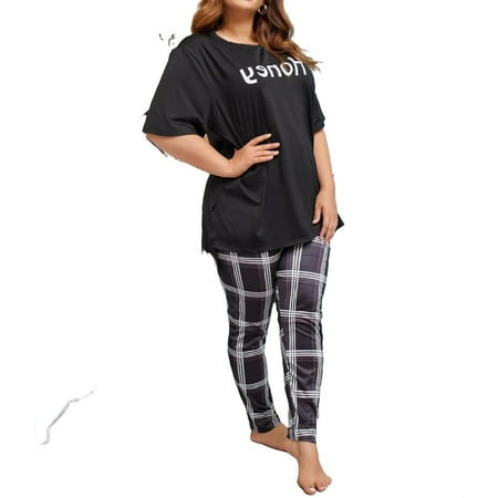 

Womens Plus Pajamas Sets Plaid Pant Sets Sleepwear PJ Set Black 3XL