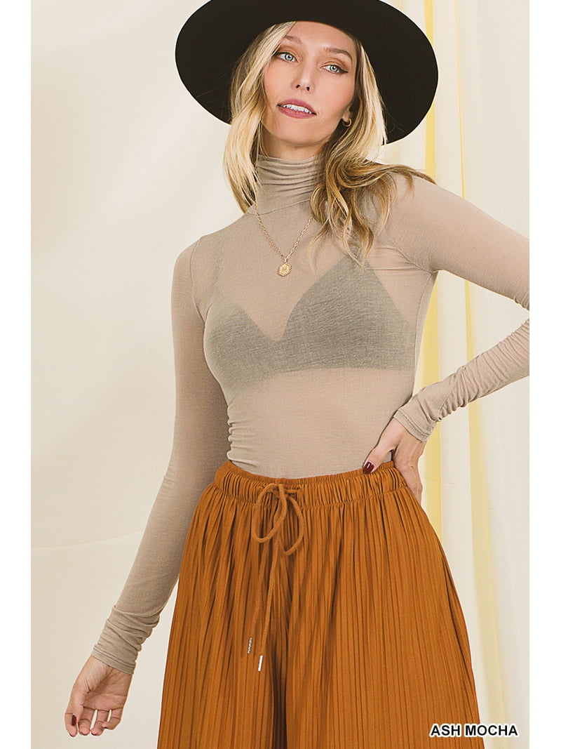 Zenana Women Sheer Long Sleeve Sexy Mesh Turtleneck Blouse Shirt