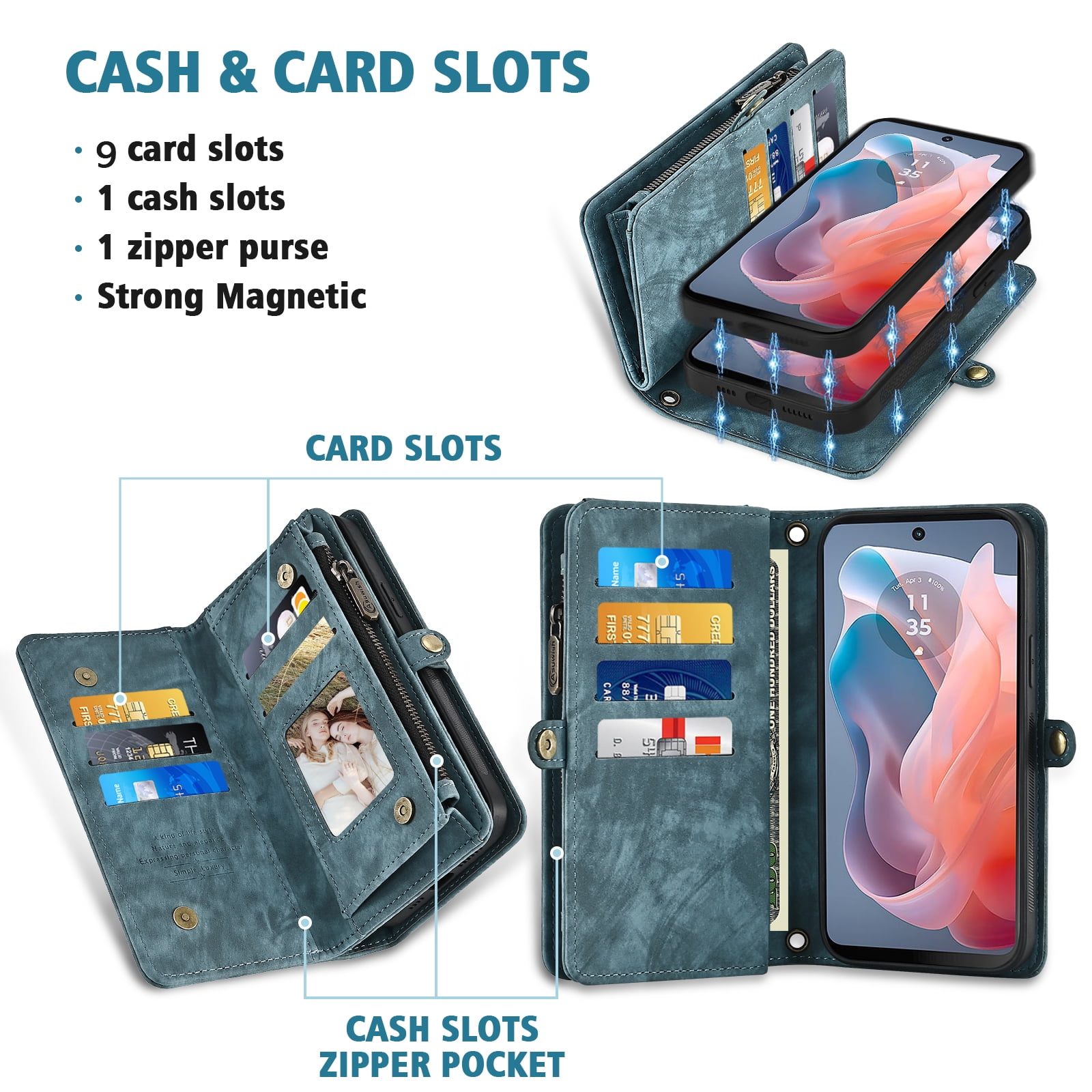 Asuwish Phone Case for Motorola Moto G Play 4G 2024 Zipper Wallet Detachable Cell Cover with Tempered Glass Screen Protector Crossbody Lanyard Strap Flip Card Holder XT2413V XT2413-1 64GB Women Blue