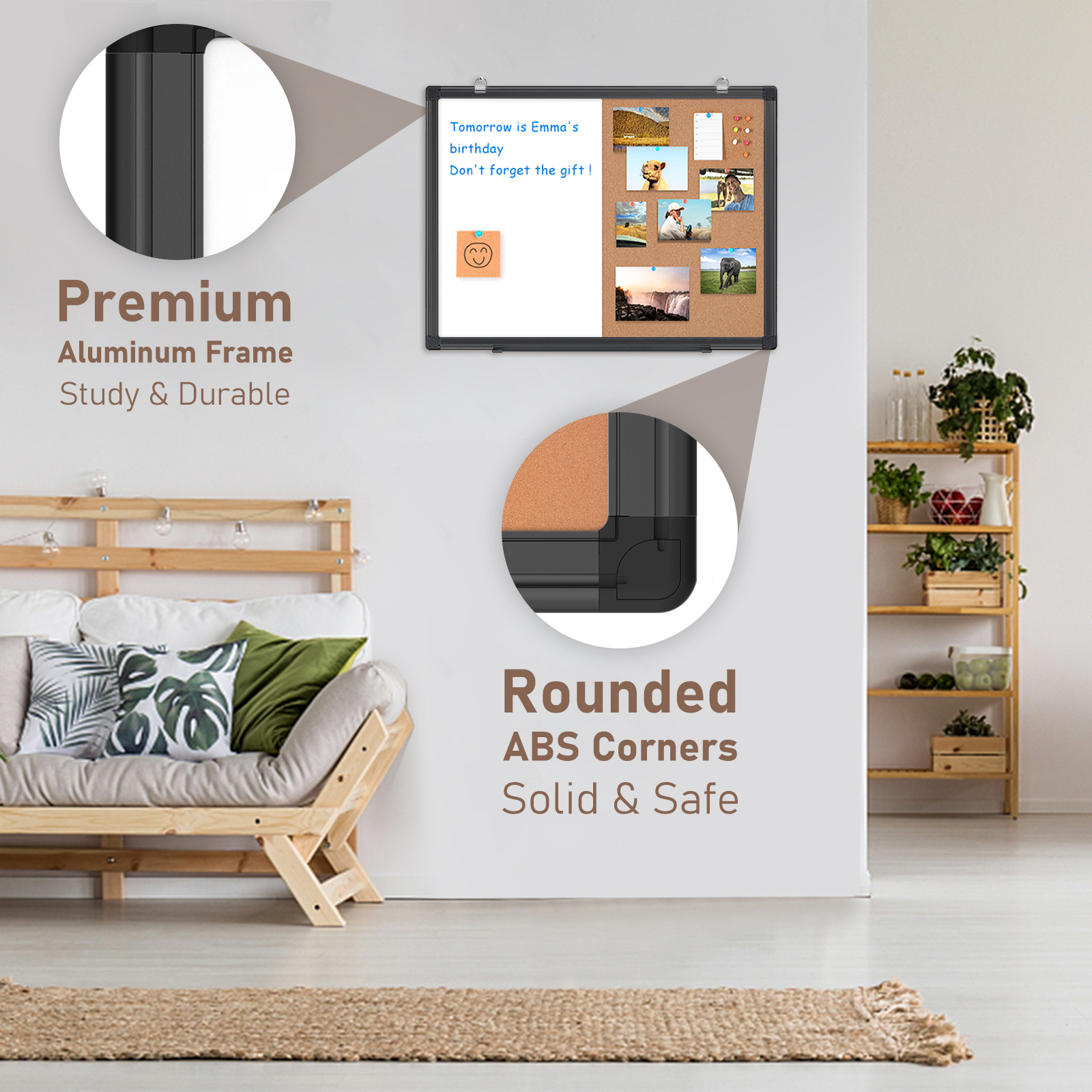 Combination White Board & Bulletin Cork Board Whiteboard Magnetic, Combo Dry Erase Board with Aluminum Frame Hanging Message Board Wall Mounted (24x18inch Black)
