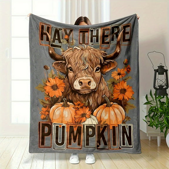 [Halloween Gift Idea] 1pc Halloween Highland Cow & Pumpkin Blanket - Thickened Flannel All-Season Throw, Soft Cozy Couch Bed Camping Blanket for Adults, Pets, Fall Decor - Machine Washable Gift Idea