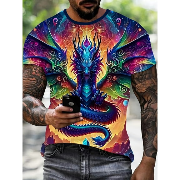 Men's Bright 3D Flying Dragon Graphic T-Shirt - Breathable Elastic Polyester, Crew Neck Short Sleeve - Machine Washable, Ideal for Spring and Autumn