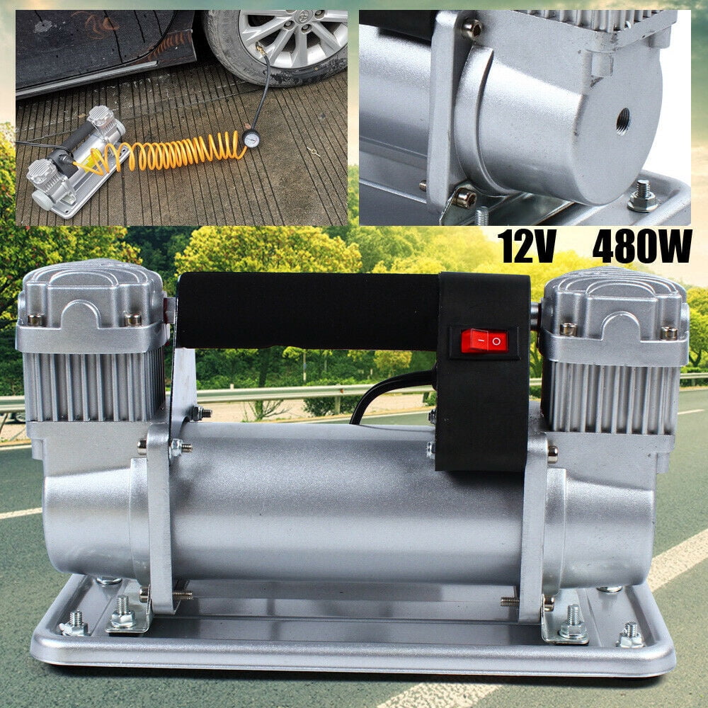 12V 480W Heavy Duty Metal Dual Cylinder Pump Air Compressor Tire Inflator