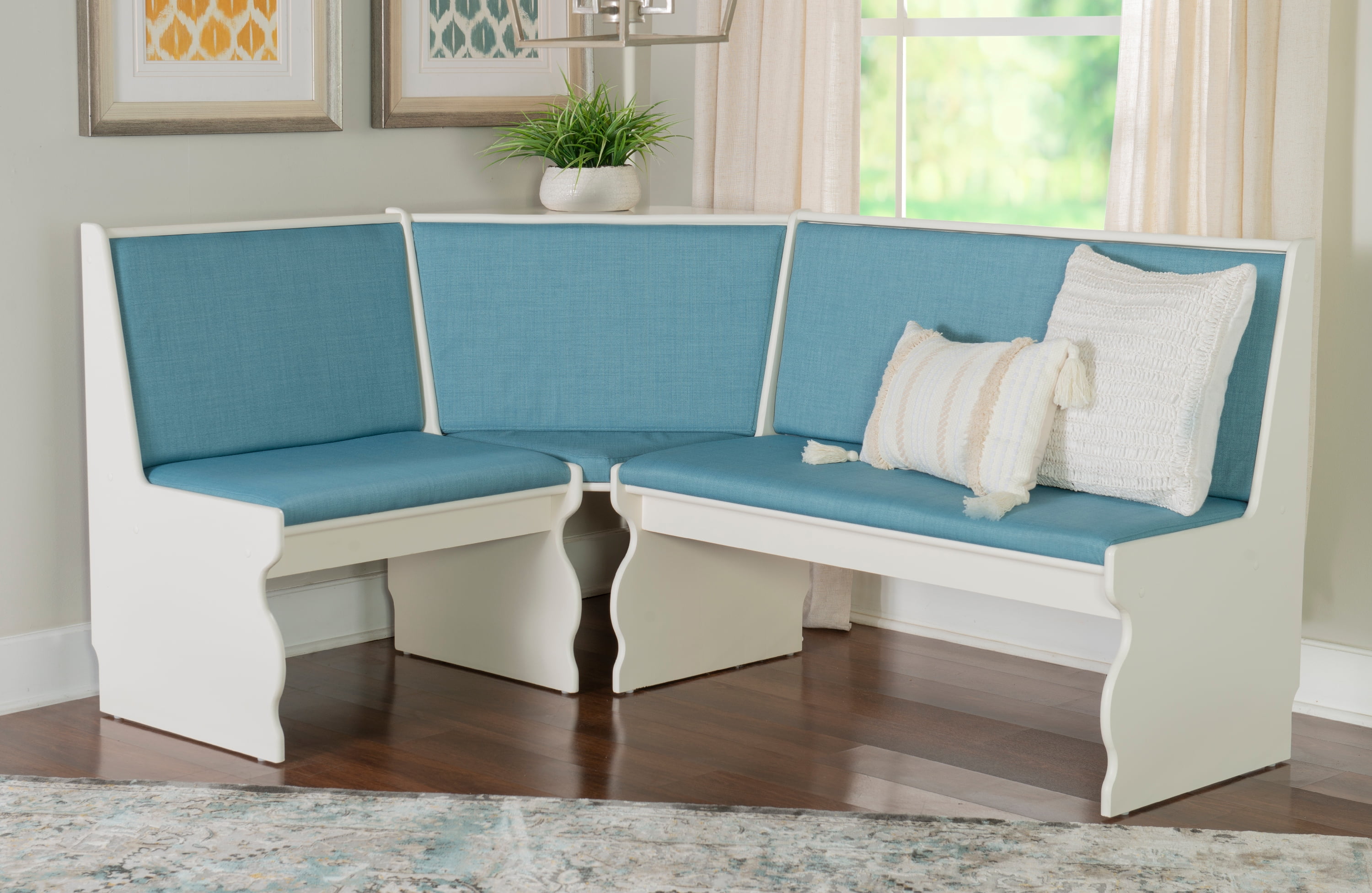 Linon Weston 3-Piece Farmhouse Indoor Corner Dining Nook with 5-Piece Cushion Set, White/Capri Blue