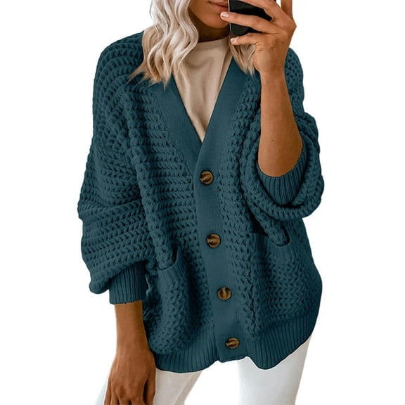 Women'S -Fashion Casual Open Front V Neck Long Sleeve Chunky Knit Cardigan Sweaters Outerwear Coats Peacock Green S