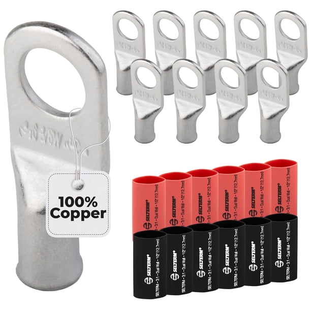 SELTERM 10 piezas - 6 Awg - Perno de 3/8" - Terminales de batería - Conectores de terminales de anillo | con 12 tubos termorretráctiles negros y rojos 3:1 con adhesivo | Extremos de cable de batería d