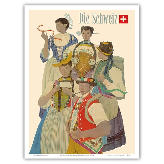 Switzerland (Die Schweiz) - Traditional Swiss Folkloric Costumes - Vintage Travel Poster by Kurt Wirth c.1952 - Master Art Print (Unframed) 9in x 12in