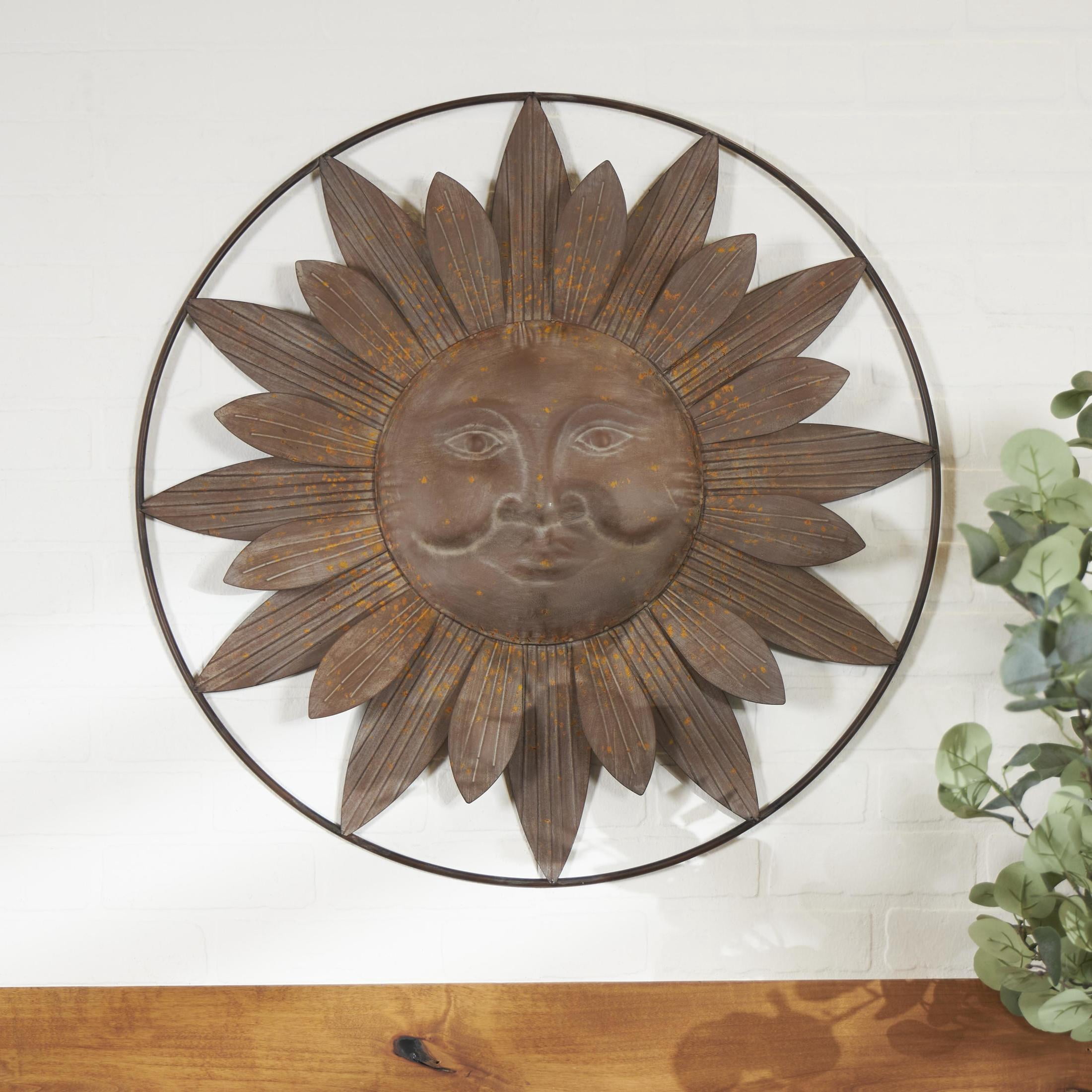 DecMode Rustic Metal Carved Sun Face with Rays Wall Décor, 30"D with Bronze Gold Distressed Finish