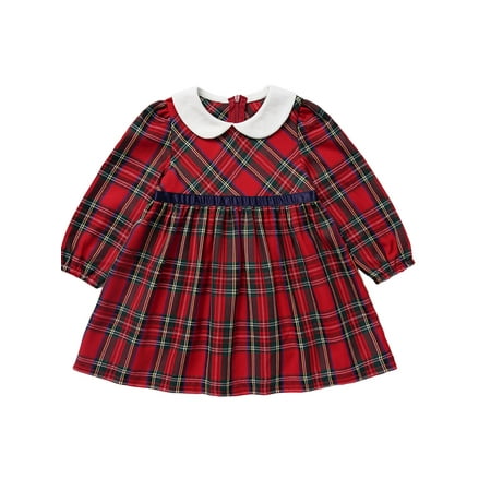 

PBaeM Newborn Girls Retro Check Frock Long Sleeve Peter Pan Collar Tuxedo Jumper Dress