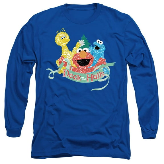 Sesame Street Christmas Deck The Halls Elmo, Cookie Monster Unisex Adult Long-Sleeve T Shirt, Royal, X-Large