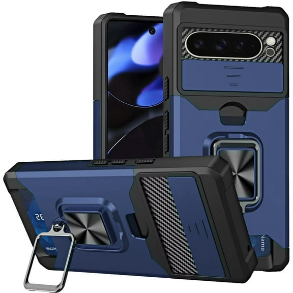 For Google Pixel 10/10 Pro Multi-Functional Card Magnetic Ring Stand Hybrid Camera Case Cover - Blue