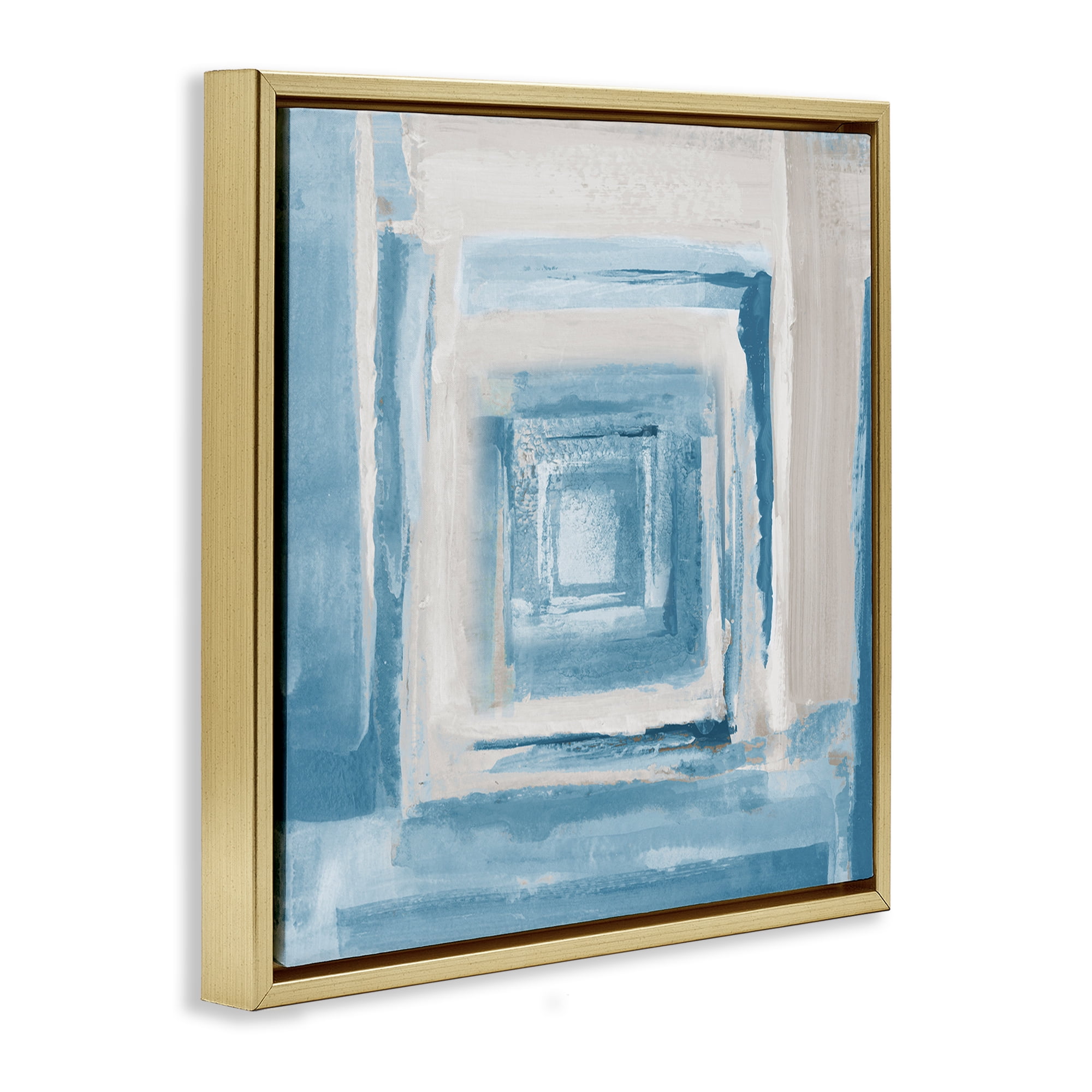 Stupell Industries Blue & Beige Squares Abstract Painting Gold Floater Framed Canvas Art Print Wall Art, 18 x 18