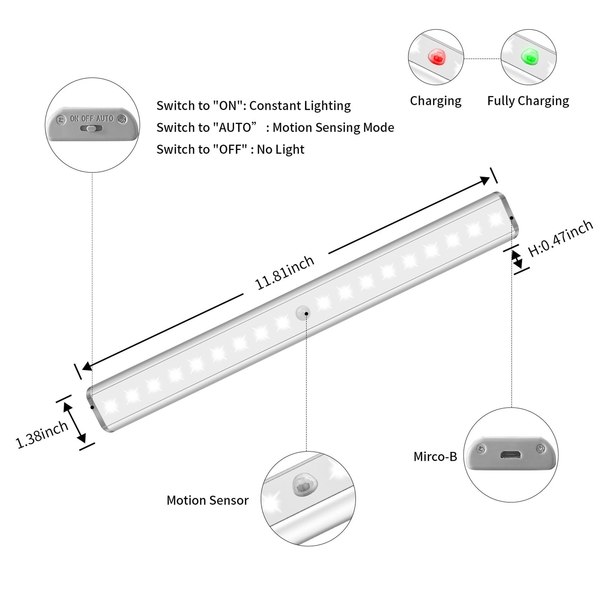 Lepotec 12.8” 220 Lumens Motion Sensing LED Under-Cabinet Light, 6500K (2 Count)