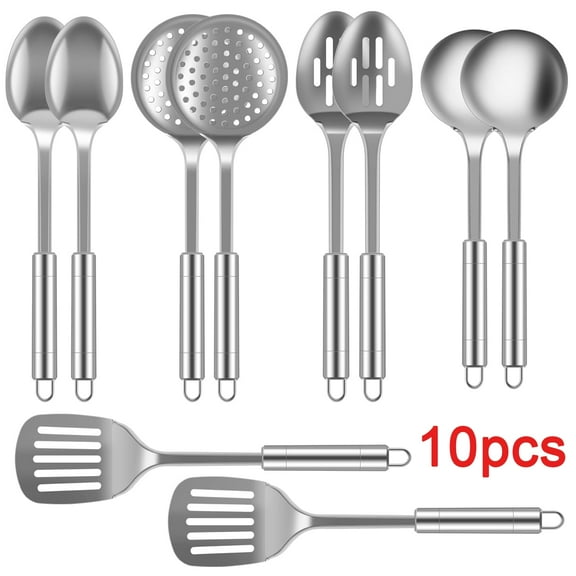 Ihvewuo 10Pcs Kitchen Cooking Utensils Set Stainless Steel Spoons Spatula Set with Ergonomic Handle Heavy-Duty Washable Spoons Utensils with Hanging Hole Reusable Kitchen Gadgets Tools Set
