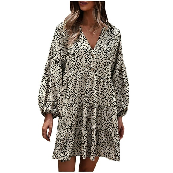 Herrnalise Women’s Dresses Summer 2024 Casual Loose Buttons Leopard Print Lantern Sleeve Printing Long Sleeve V-Neck Dress S-XL