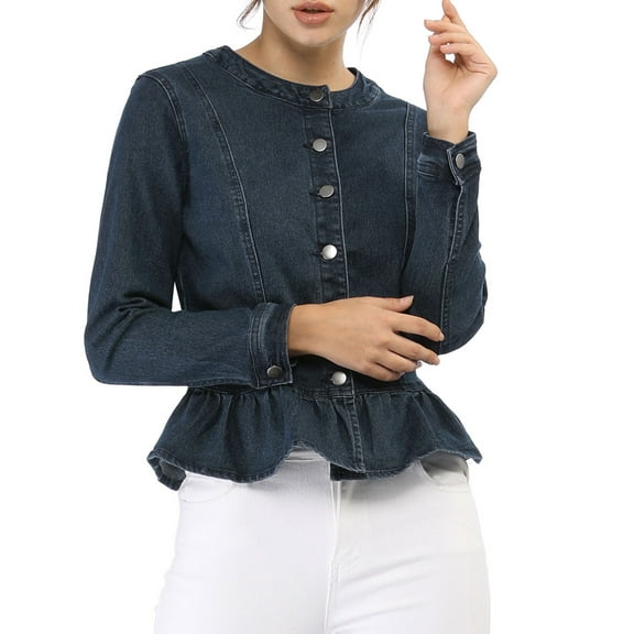 Unique Bargains Women's Button Down Cropped Ruffle Hem Denim Jacket S Blue