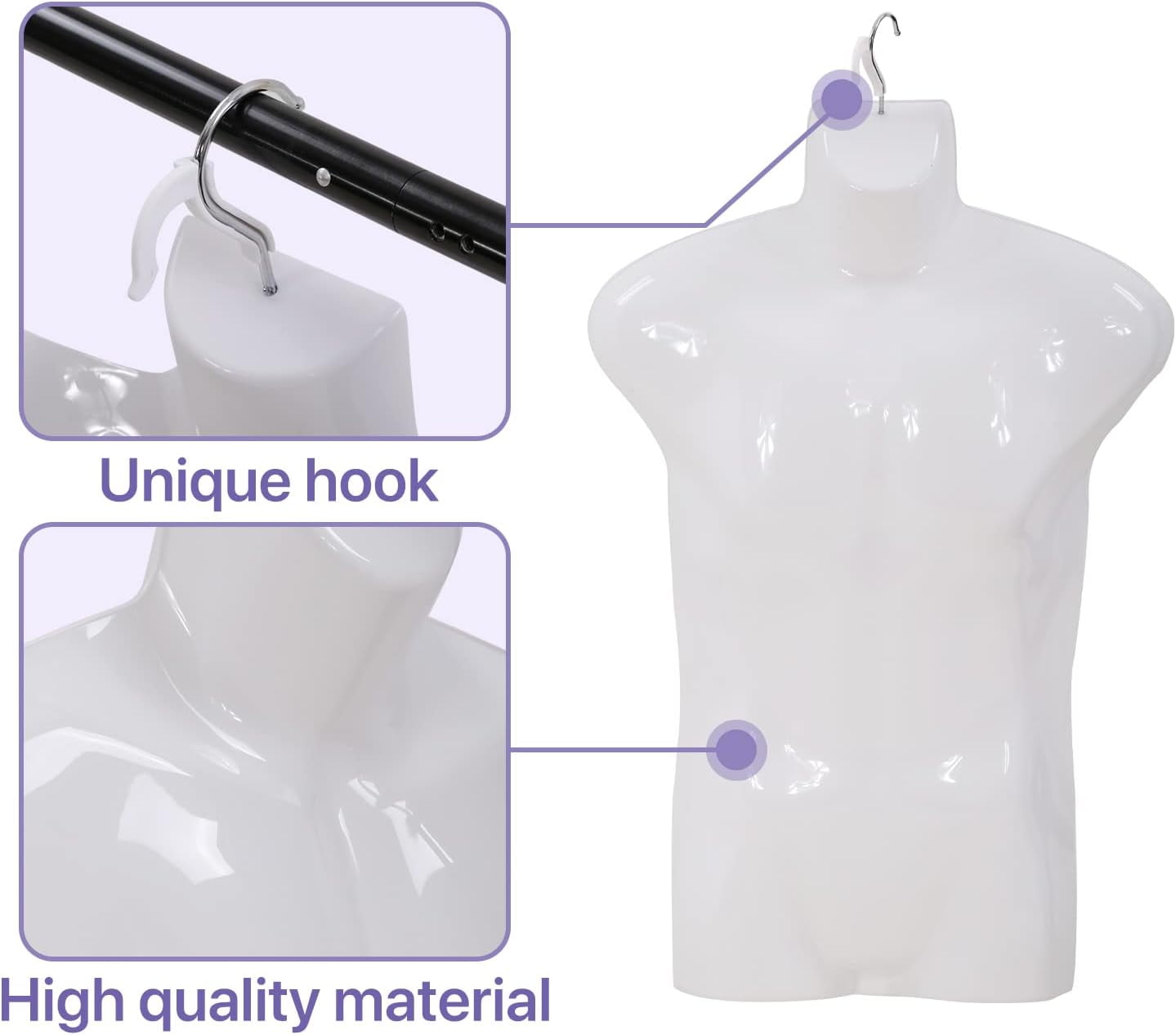 Dkelincs 4PCS Male Mannequin Torso Set 30"H Half Body Clothing Form Plastic Adult Model Stand with Metal Hook, White