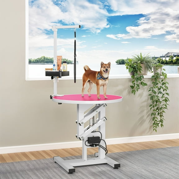 ModFusion 24" Electric Lift Dog Grooming Table with Rotating Pink Mat Top, Adjustable Arm Height 2 to 3.28 ft, Tool Storage, Metal Steel, Small Cat, Portable Home Commercial Salon, White
