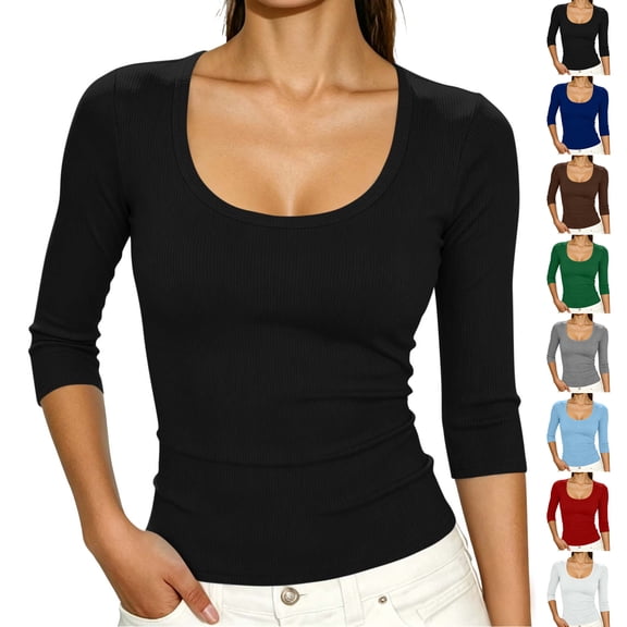 TGSLY Scoop Neck Ribbed Knit Tops for Women Lightweight Soft 3/4 Sleeve Solid Color Blouses Slim Dressy Casual Fall Crop Fitted Shirts M