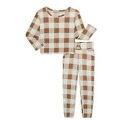Wonder Nation Girls Ribbed Buffalo Check Pajamas Set with Long Sleeves, Sizes 4-18 & Plus