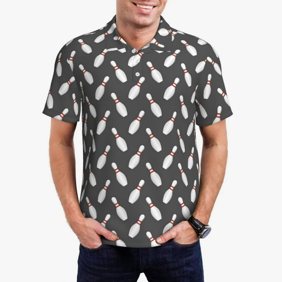 Vsdgher Bowling Pins Print Polo Shirts for Men, Men's Short Sleeve Stretch Polo Shirt, Shirts for Men-3X-Large