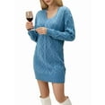 thumbnail image 2 of Womens V Neck Mini Sweater Dress Cable Knit Long Sleeve Casual Loose Fall Tunic Pullover Sweaters Peacock Blue M, 2 of 8