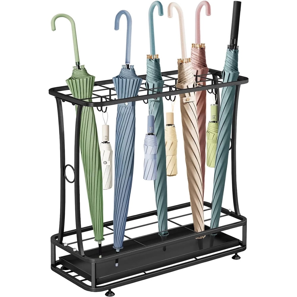 TEAFIRST Umbrella Rack Stand, 21-Slots Umbrella Holder with Removable Drip Tray, with 24 Hooks Black
