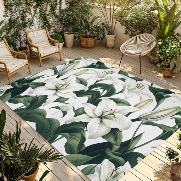 Fsddascl Summer Flower Outdoor Rug for Patio/Deck/Porch, Non-Slip Large Area Rug 4 x 6 Ft, Lily Floral Watercolor Plant Country Indoor Outdoor Rugs Washable Area Rugs, Reversible Camping Rug Carpet