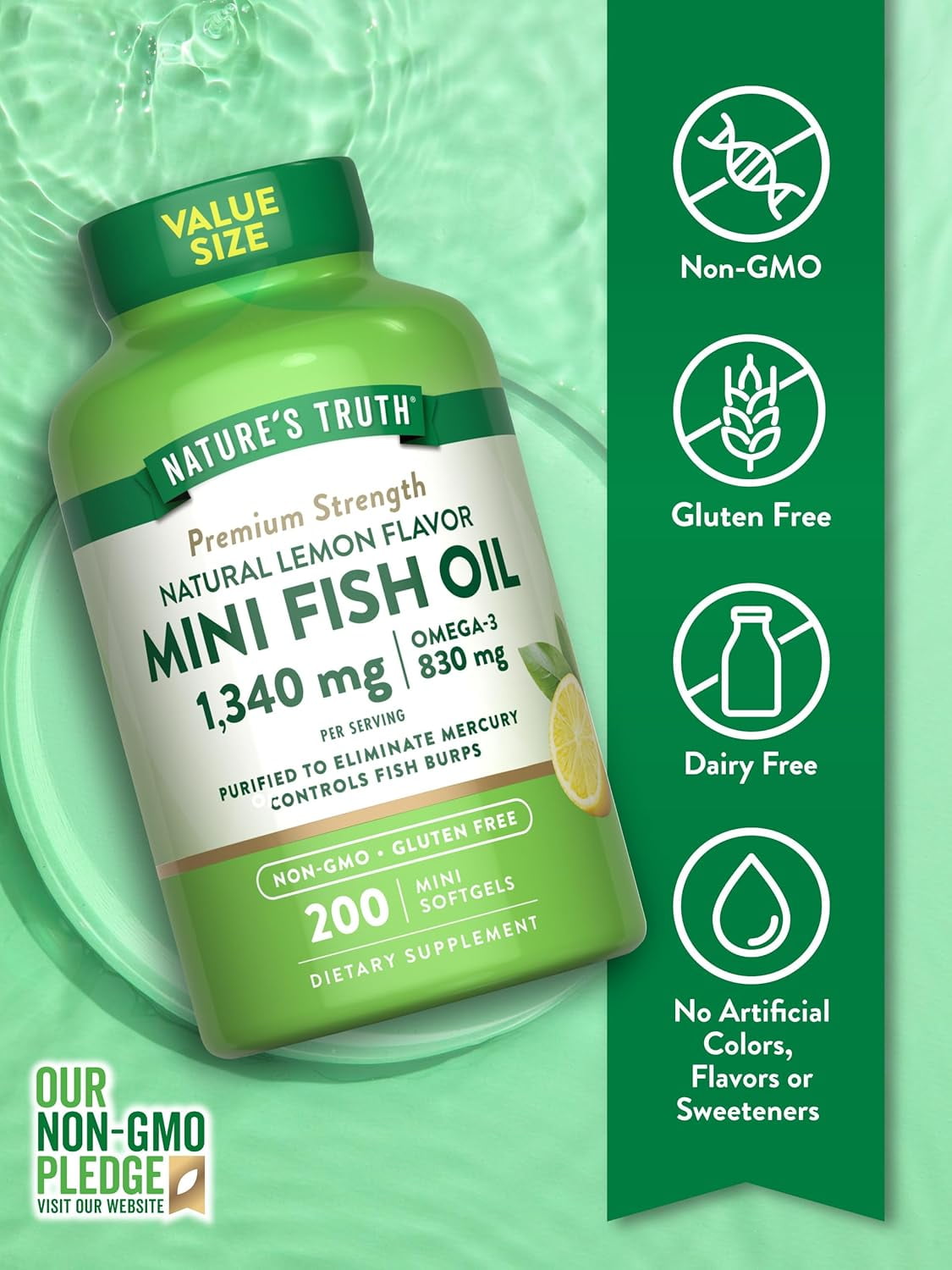 Fish Oil Omega 3 | 1340 mg | 200 Mini Softgels | Burpless Lemon Flavor Pills | Non-GMO & Gluten Free Supplement | By Nature's Truth