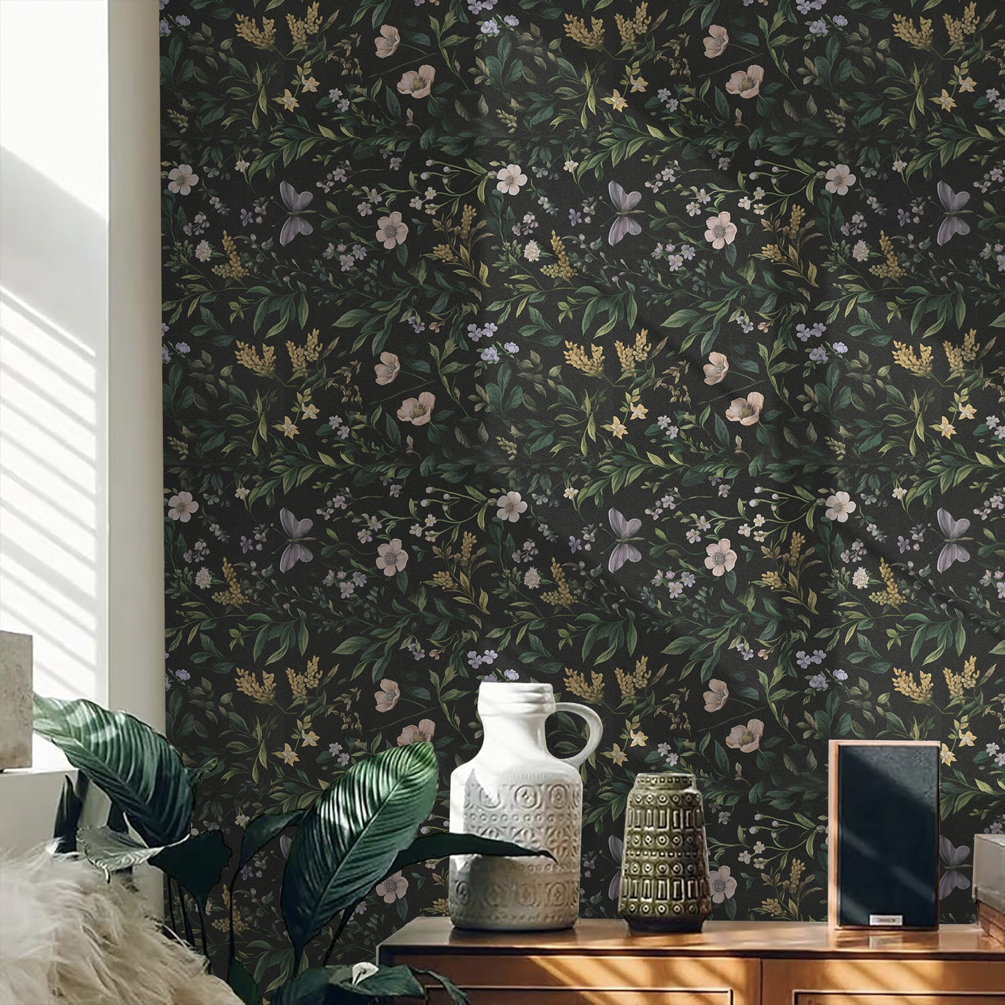 Abyssaly Floral Peel and Stick Wallpaper Self Adhesive Removable Flower Wall Paper 17.3"× 236" / 1 Roll Green Vintage Vinly Contact Paper Waterproof