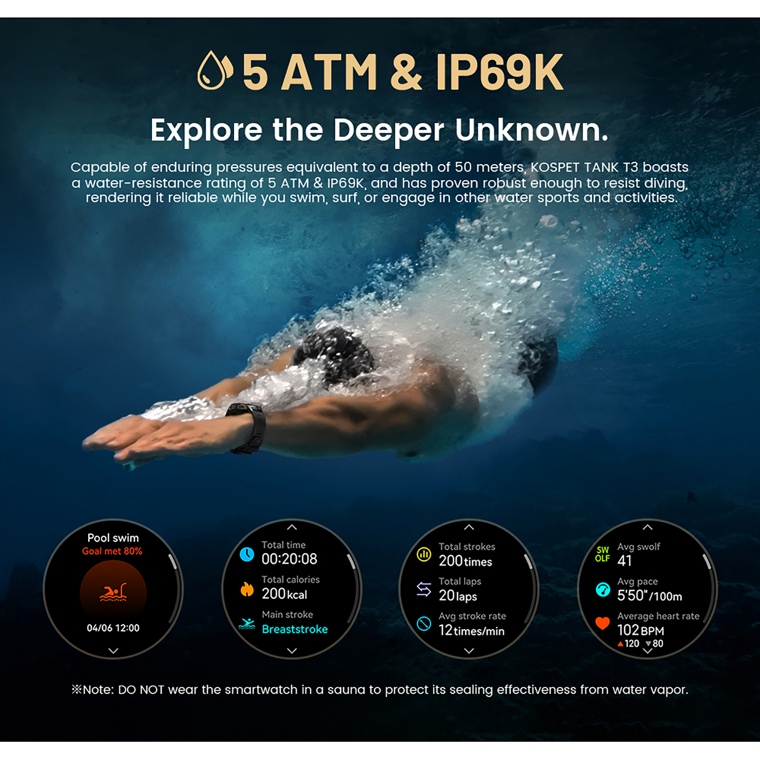 KOSPET TANK T3 Special Edition 1.43-In. AMOLED Smartwatch with Stainless Steel Band (Black), P-TS003-B