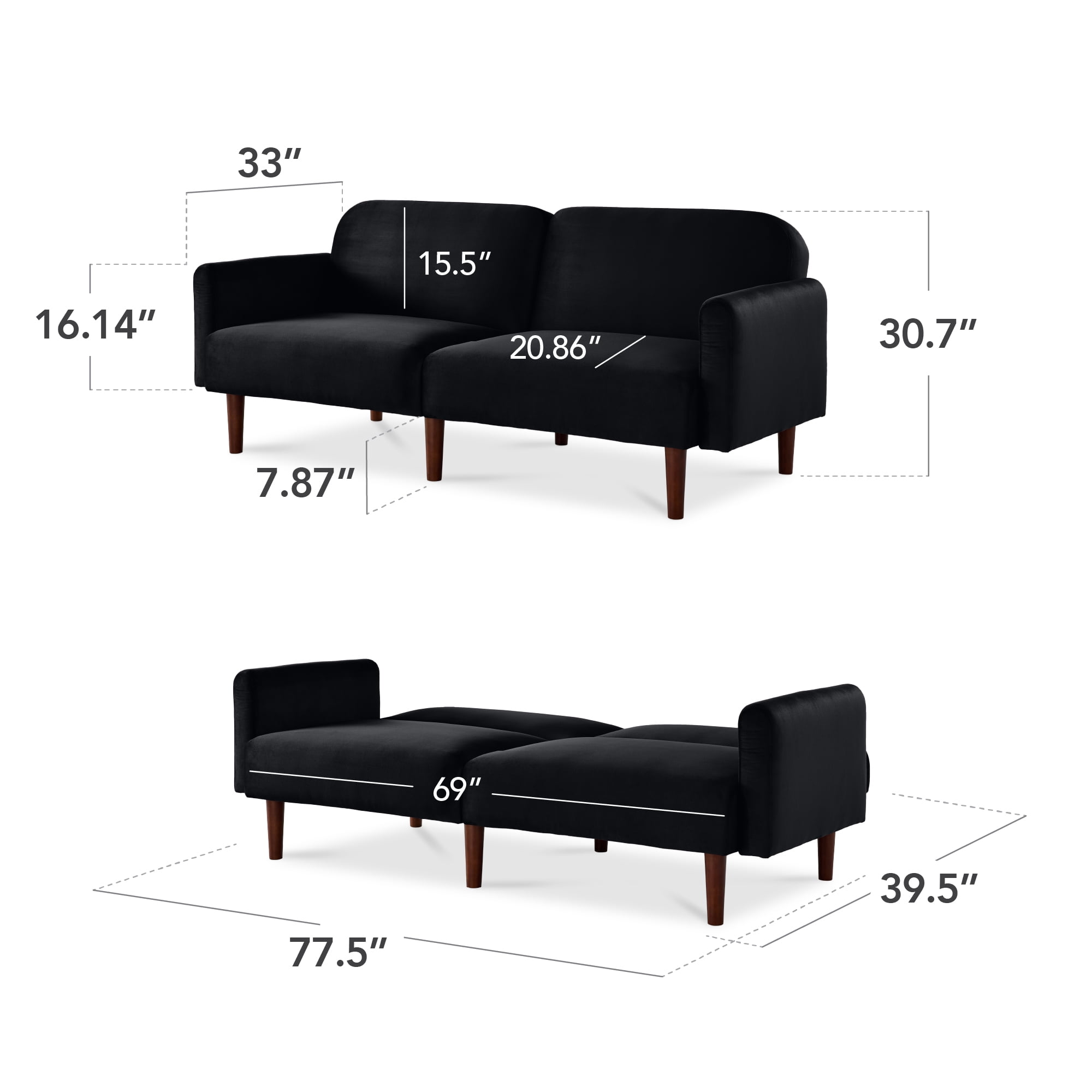 Best Choice Products Curved Convertible Futon, Velvet Fabric Split-Back Sleeper Bed - Onyx Black