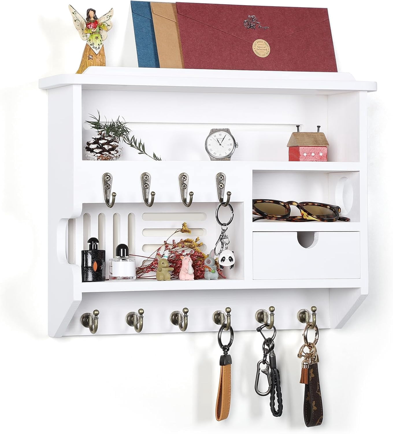 Key Holder for Wall, Mail and Key Holder, Mail Organizer Wall Mount with Storage Drawer and 10 Hooks, Easy Installation Key Holder for Home Decor, White
