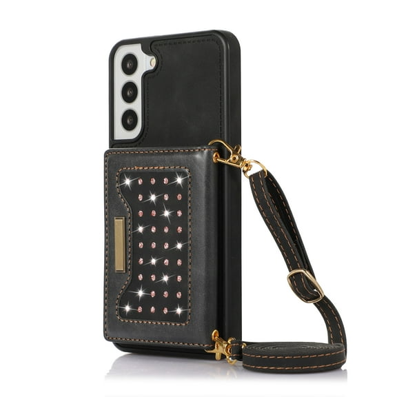 Dteck Crossbody Wallet Case for Samsung Galaxy S23 FE 5G Case with RFID Blocking Card Holder, Shiny Diamond Slim PU Leather Stand Cover with Shoulder Strap for Women, Black