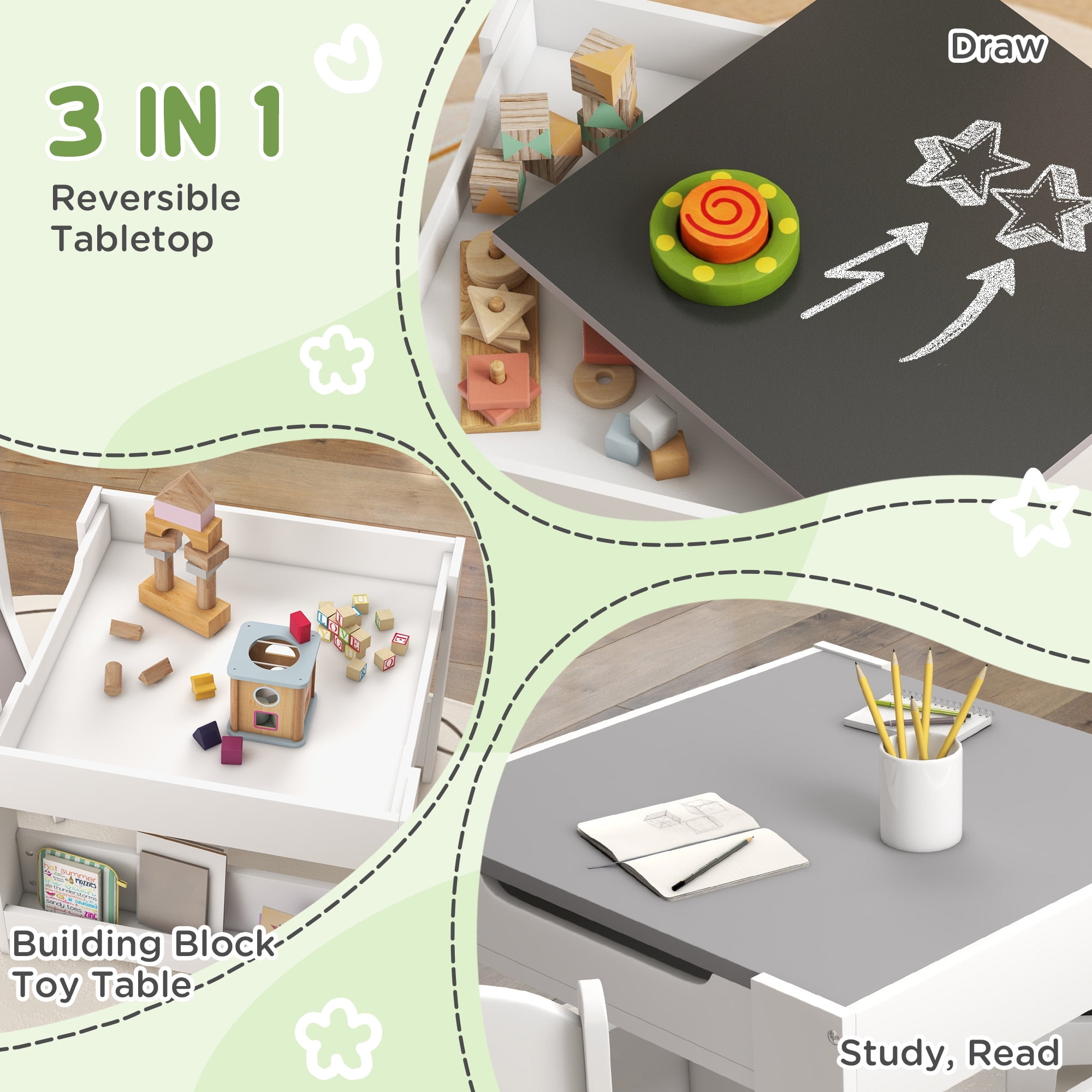 Qaba 3PCs Kids Table and Chair Set with Blackboard & Storage, Gray