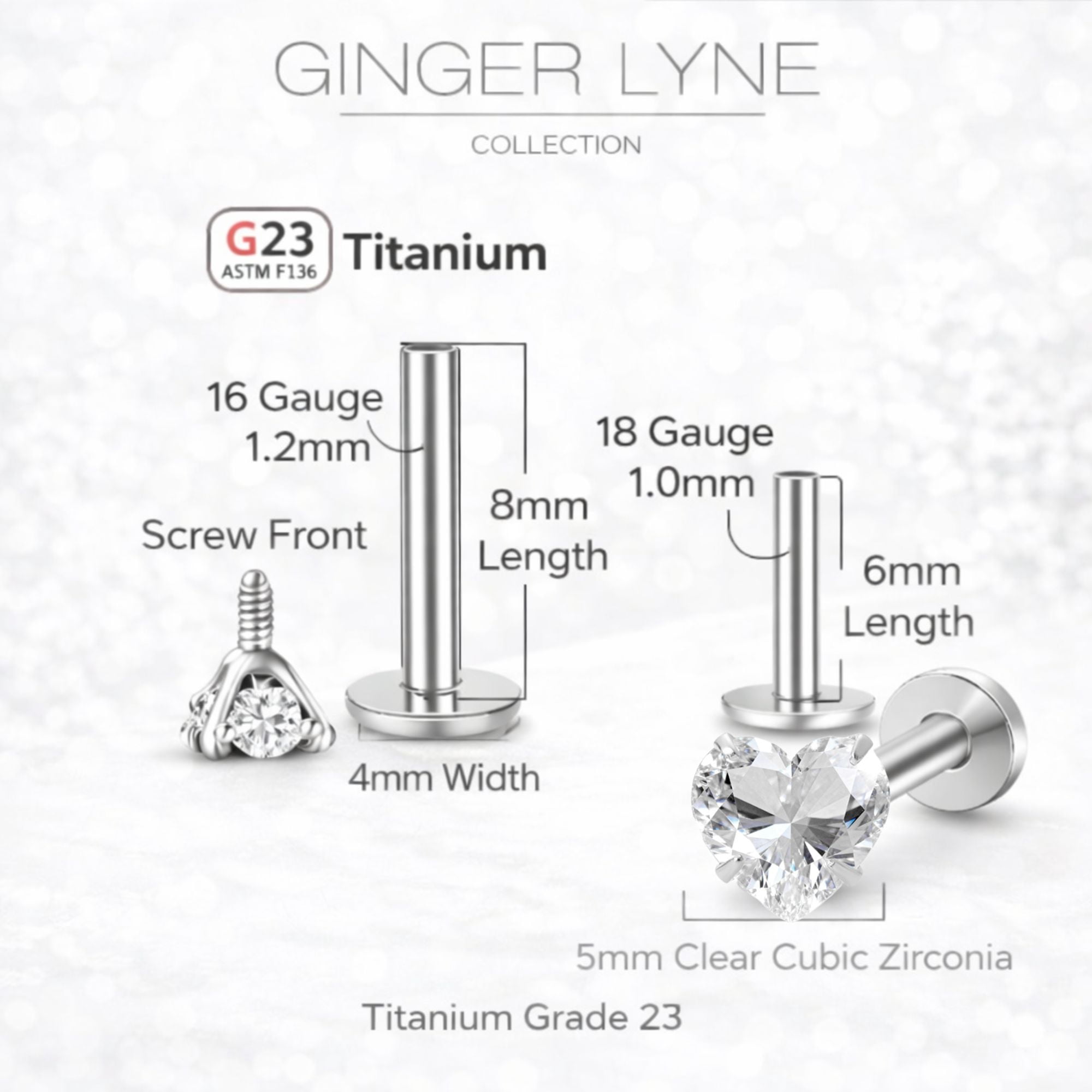 Small Heart CZ Solitaire Flat Back Stud Earrings Body Piercings by Ginger Lyne 2 Sets Post 6mm 8mm Included