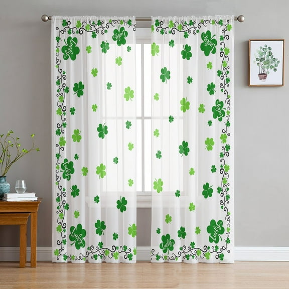 Shamrocks, Semi Sheer Curtains 84 Inch Length 2 Panels Set, Saint Patricks Day Green Green White Sheer Kitchen Curtain Privacy Voile Window Curtain for Living Room Bedroom Rod Pocket Drapes