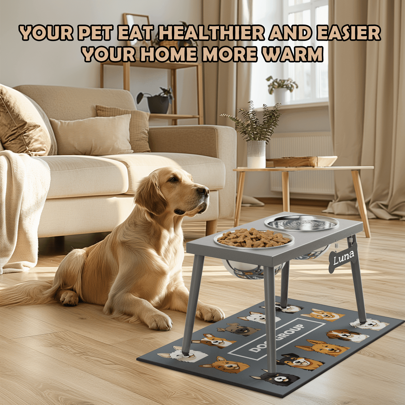 SHAINFUN Raised Dog Bowl Stand, 10" Tall  Stronger Dog Feeder with 16*24 in Mat and 2 58oz Bowls
