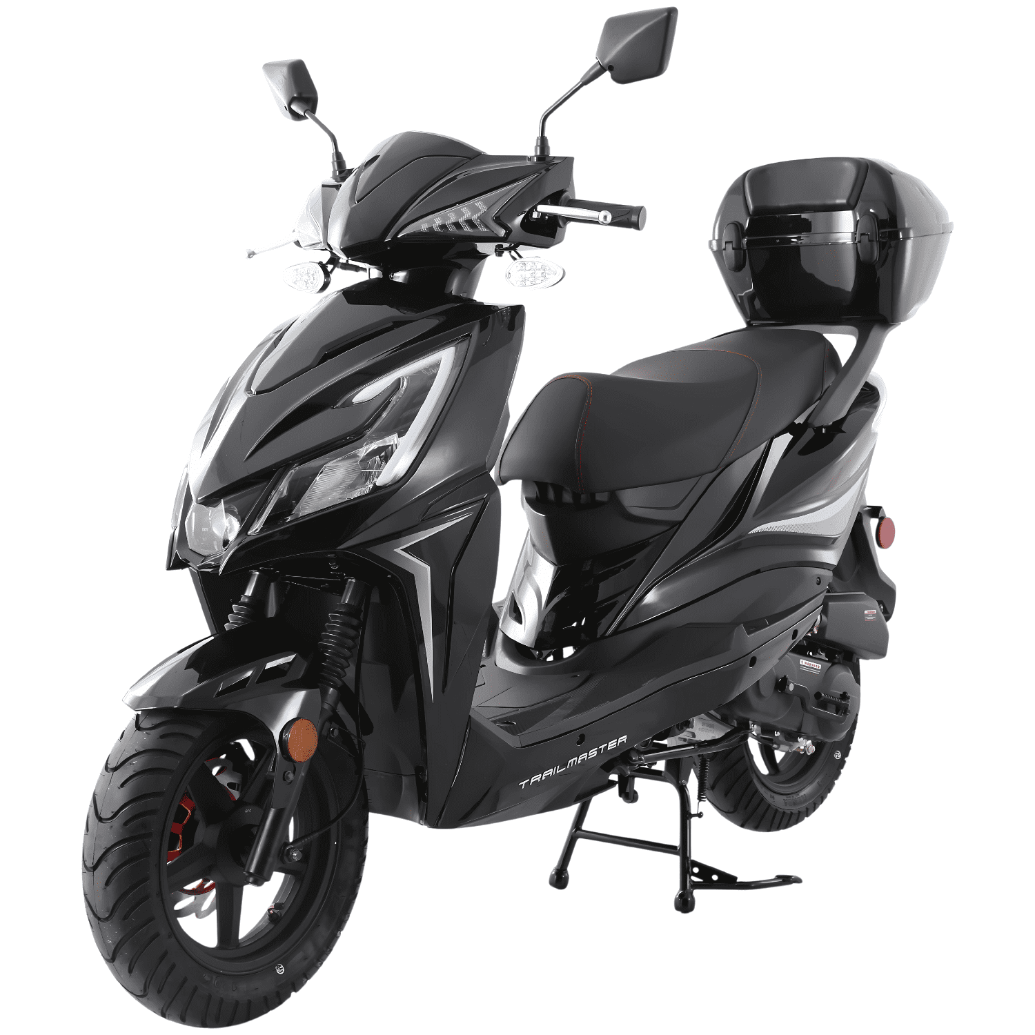 Trailmaster Trophy 50cc Scooter/Moped, Automatic CVT, Electric & Kick Start, 12-inch Aluminum Rims, Optional Color-Matched Locking Trunk (Black)