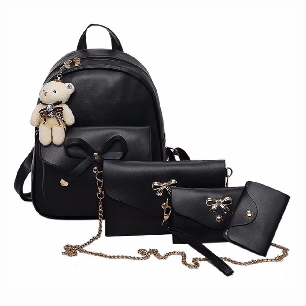 4pcs Preppy Chic Women PU Leather Backpack Shoulder Bag Clutch Bag Card Holder