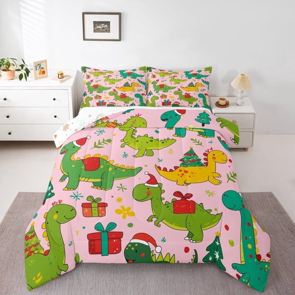 jejeloiu Christmas Theme Bedding Comforter Set,Cute Animal Dinosaur Twin Comforter Sets,Xmas Gifts Tree Bedding Set For Children,Microfiber Bedroom Decor Reversible,2pcs