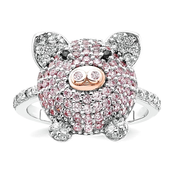 15.25mm 925 Sterling Silver Rhodium Rose Gold Plated Multicolor Cubic Zirconia Pig Ring Size 7 Ring for Women