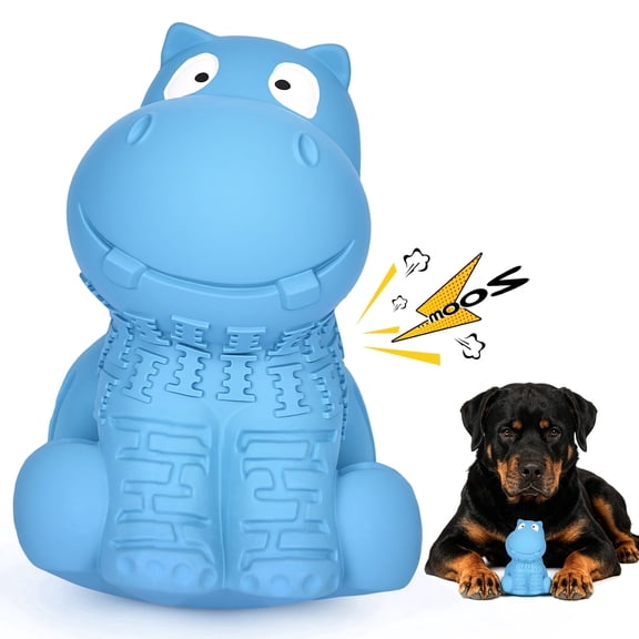 Petizer Squeaky Dog Toys for Aggressive Chewers, Tough Natural Rubber Chew Toy with Real Beef Scent, Dental Chew Outdoor Trainning Toy for Medium, Large Breeds - Blue Hippo