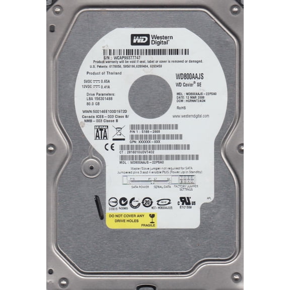 WD800AAJS-22PSA0, DCM HGRNNT2AGN, Western Digital 80GB SATA 3.5 Hard Drive