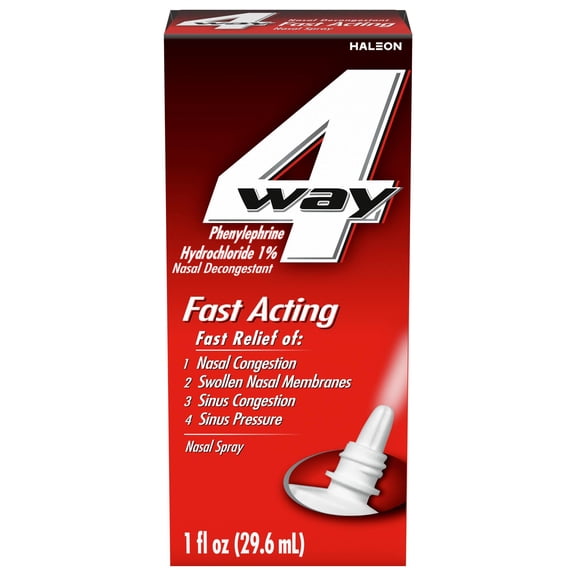 4Way Fast Acting Nasal Spray for Sinus Congestion Relief - 1 Fl Oz Spray Bottle